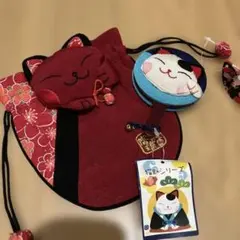 猫デザイン 巾着袋とミラーセット