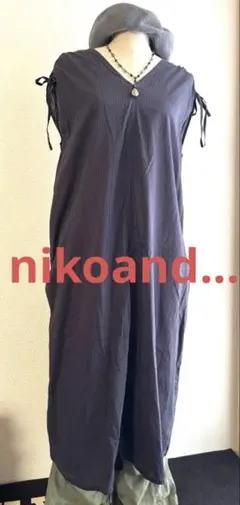 ◆ニコアンド◆ネイビーストライプ ロングワンピース フレンチスリーブ　紺色