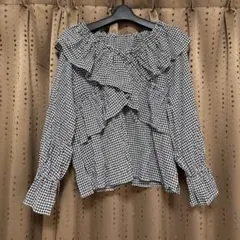 LOWRYS FARM ギンガムチェック ラッフルフリルブラウス F