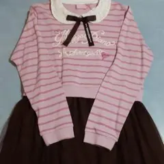 襟&リボン付きボーダーチュールドッキングワンピース