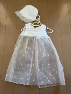ホワイト チュール ベビードレス 帽子付き