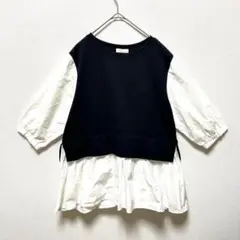 アースミュージックアンドエコロジー カットソー五分袖 レイヤード 綿混 丸首 秋