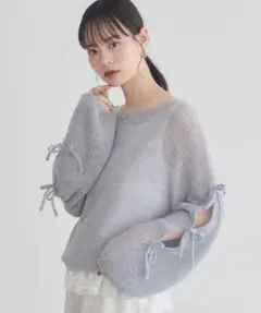 【earthmuサイドリボン透かしニットプルオーバー