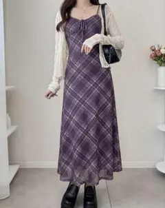 FRIFUL♡メッシュチェック柄キャミソールウエストフレアヘムロングワンピース