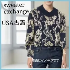 美品 USA製 セーター ニット　花柄　総柄　ブラック ゴールド　昭和レトロ