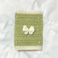 ハンドメイド　編み物　ブックカバー　文庫本サイズ　きみどり　リボン　かぎ針編み