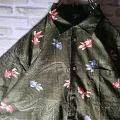 柄シャツ 総柄 半袖 古着 金魚 波模様 オリーブグリーン L