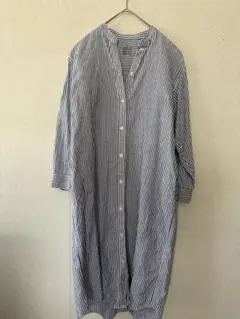無印良品 ストライプ ロングシャツワンピース M-L リネンシャツ 麻
