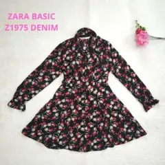 ZARA BASIC Z1975 DENIM【M】黒 花柄 長袖ワンピース