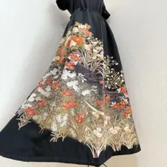 【1点物】美品　着物　リメイク　ロングスカート　黒留袖　正絹　豪華　花柄