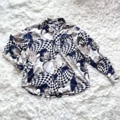 幾何学模様ブラウス　総柄　金ボタン　派手シャツ　柄シャツ　薄手　長袖　F