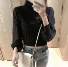 クロップド丈 ブラック ニット トップス ショート丈 シアートップス
