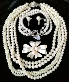 貝パール 6連 ネックレス ブレスレット ブローチ イヤリング 4点 g60