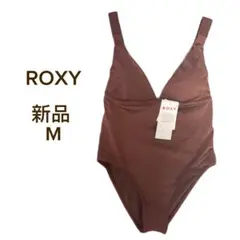 新品 ROXY ワンピース水着 M ブラウン パッド付 バックロゴ シンプル