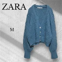 ザラ　ニットカーディガン【M】ブルー　ビジューボタン　ショート丈　ボリューム袖