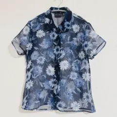 Y2Kレトロ ひまわり柄シアー半袖シャツ ブルー系 シースルーコンパクトトップスのサムネイル