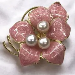 ピンクとゴールド 花のパールブローチ