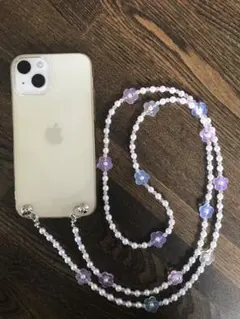 No.141スマホショルダー パールビーズストラップ　花　カラフル