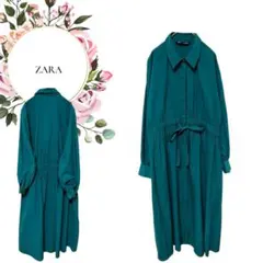 【ザラ】ZARA♡ロングシャツワンピースフレア♡ウエストリボン後ゴム♡グリーン