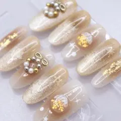 【240】ネイルチップSサイズ ベージュゴールドマグネット　 スノー クリスマス