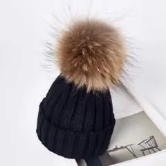 新品　18cm ビッグポンポン　ラクーンファーニット帽　ブラック