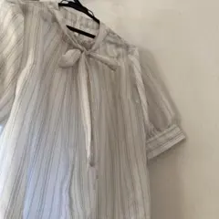 インデックス♡ ボウタイブラウス ストライプ 五分袖 ホワイト グレー　S 上品