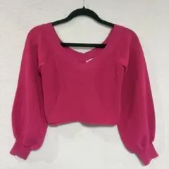 ZARA▽Vネック パフスリーブ クロップドニット ピンク
