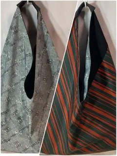 赤黒ストライプ大島紬と黒柄ちりめん✖️絣柄紬三角バッグリバーシブルハンド８６７