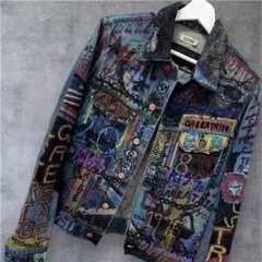 ハンドペイントデニムジャケットLサイズ　グラフィティ リメイク アート カラフル