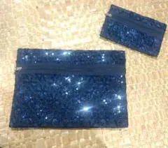 花柄レース クラッチバッグ＆ポーチ 2点セット 紺のサムネイル