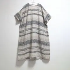 コンジェペイエ　リネン刺繍入り長袖ワンピース　チロリアンテープ　ベージュ コンジェペイエ リネン刺繍入り長袖ワンピース チロリアンテープ