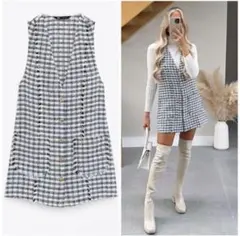 zara ツイードジレ　チェック柄ノースリーブベスト　水色ツイード　ワンピース