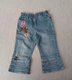 KP ニットプランナー デニム長パンツ デニムブルー 花柄刺繍 100