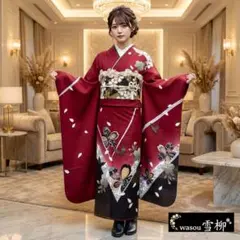 えんじ×こげ茶♡蝶×桜レトロモダン♡振袖フルセット　成人式