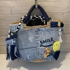 ハンドメイドバッグ デニムリメイクバッグ リメイクデニムバッグ 桔梗様 LL