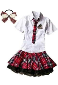 赤チェック 白シャツ コスプレ 衣装 髪飾り 付 コスチューム