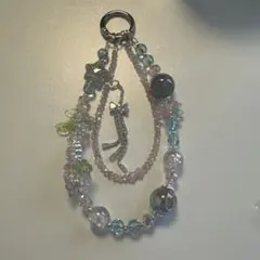 ハンドメイド ビーズ 2連ストラップ 猫モチーフ携帯ストラップおまけつき