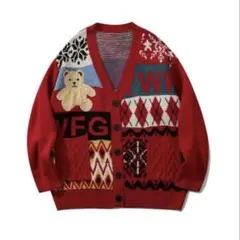 HOOK パッチワーク柄ニットカーディガン レッド XLサイズ　莉犬くん着用