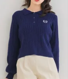 ネイビー 襟付き ケーブルニット 長袖