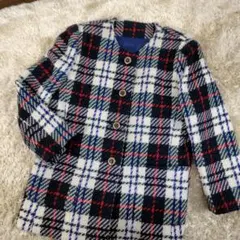 ツイード ノーカラーコート チェック柄 ゴールドボタン 厚手 裏地あり レトロ