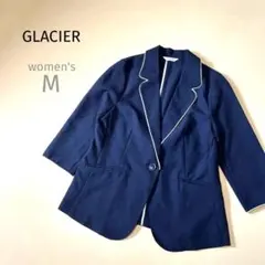 美品GLACIERグラシアネイビー 七分袖ブレザー上着 レディースM白パイピング