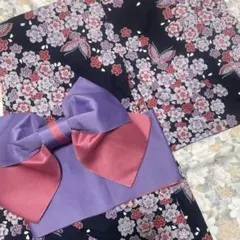 ☆超美品☆桜と蝶の黒色とピンク、紫のお洒落な浴衣単品✨帯とセット