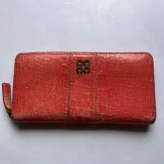 【鑑定済】COACH コーチ 長財布 クロコ型押し コーラルピンク 外ポケット有
