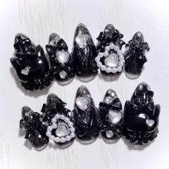 No.724　ネイルチップ 量産型 地雷系 サブカル 平成女児 猫 黒 ブラック