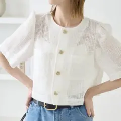 【美品】 ロペピクニック 半袖 カーディガン ホワイト 38号 メッシュ 春服