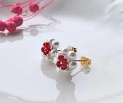 【P317】シャム ピアス パール スワロフスキー ハンドメイド お花