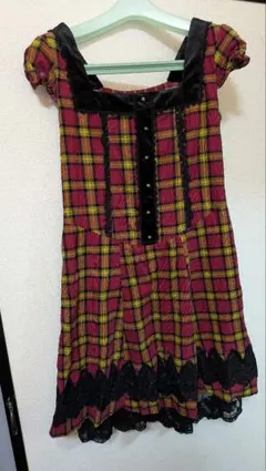 axes femme チェック柄 ベルベットリボン レース ワンピース M