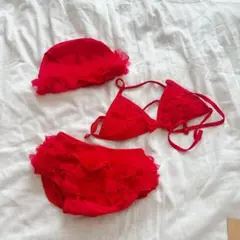❤️SALE❤️ベビー 水着 女児 ビキニ レースフリル パンツ スイムキャップ