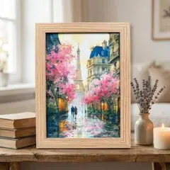 パリ エッフェル塔 桜 春 風景画 水彩画風 アートポスター 2L判 額縁付のサムネイル
