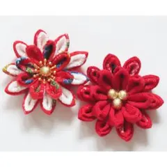 和装やお祭りにも◎赤と白つまみ細工髪飾り（ヘアクリップ＆コサージュ）